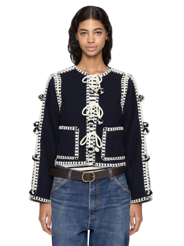Flat lay of the Addison Jacket in Navy against a neutral background, perfect for stylish layering.