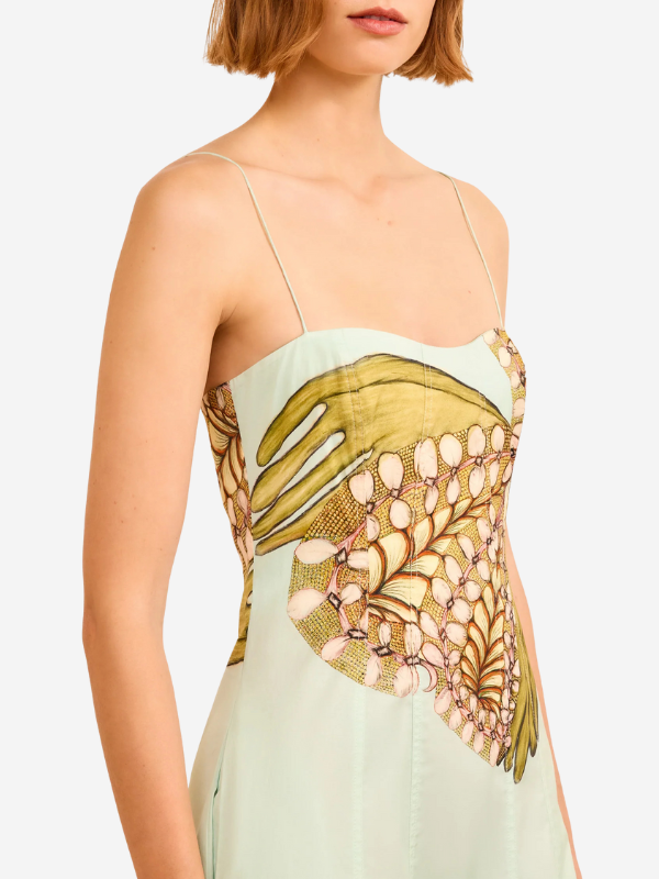Side view of the Vesela Cami Midi Dress in Water Blossoms, illustrating the elegant fit and delicate straps.