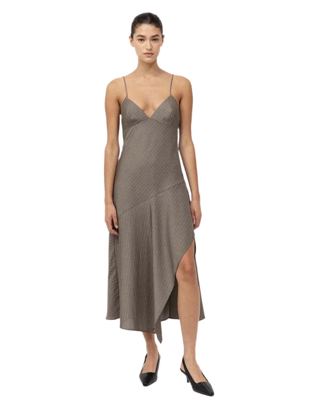 Close-up view of the Asymmetric Slip Dress in Khaki Pinstripe featuring delicate straps and subtle bust darts, highlighting its refined silhouette and quality fabric.