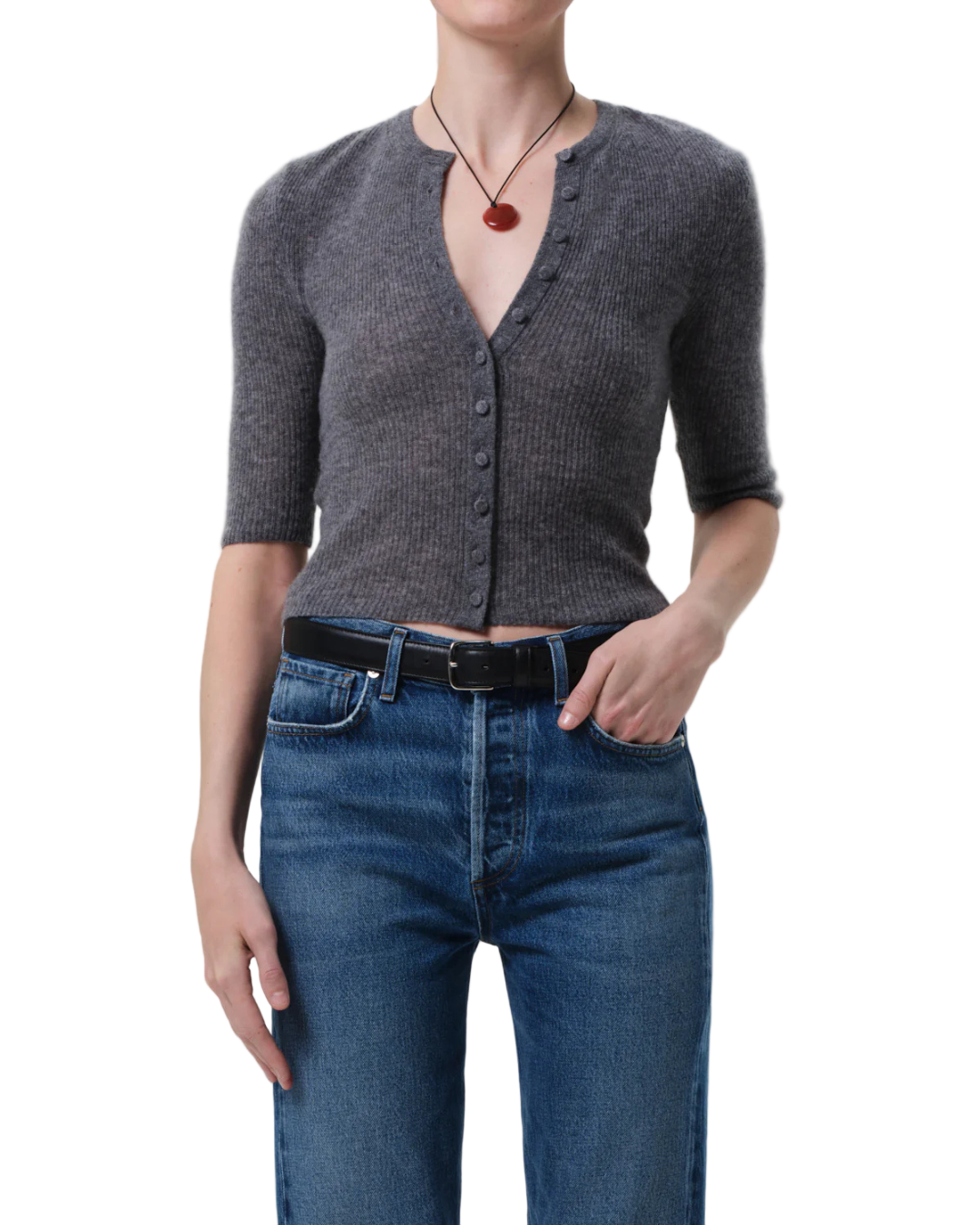 The Tabitha Cardigan in Charcoal Heather showcased against a neutral background, illustrating its elegant and versatile style.
