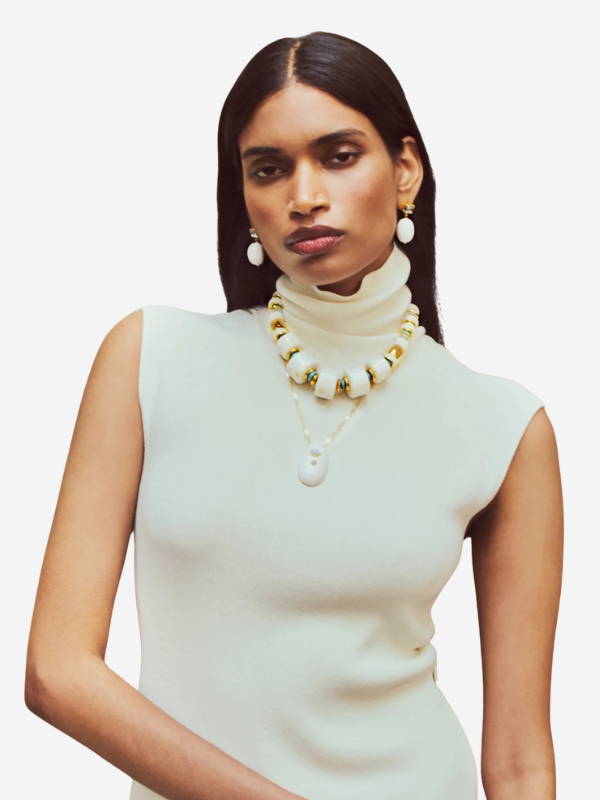 Detailed view of the Granada Necklace in Blanco by Lizzie Fortunato, emphasizing the chunky ivory resin and intricate beading.