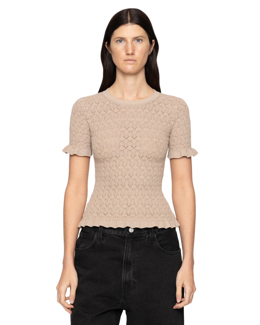 Close-up of the Ruby Top in Champagne by SEA New York, featuring shimmering lurex threads and delicate ruffle-trimmed sleeves.