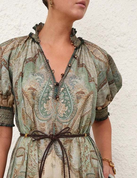 Back view of Wanderlust Billow Dress in Tapestry Teal Multi highlighting the luxurious silk texture.