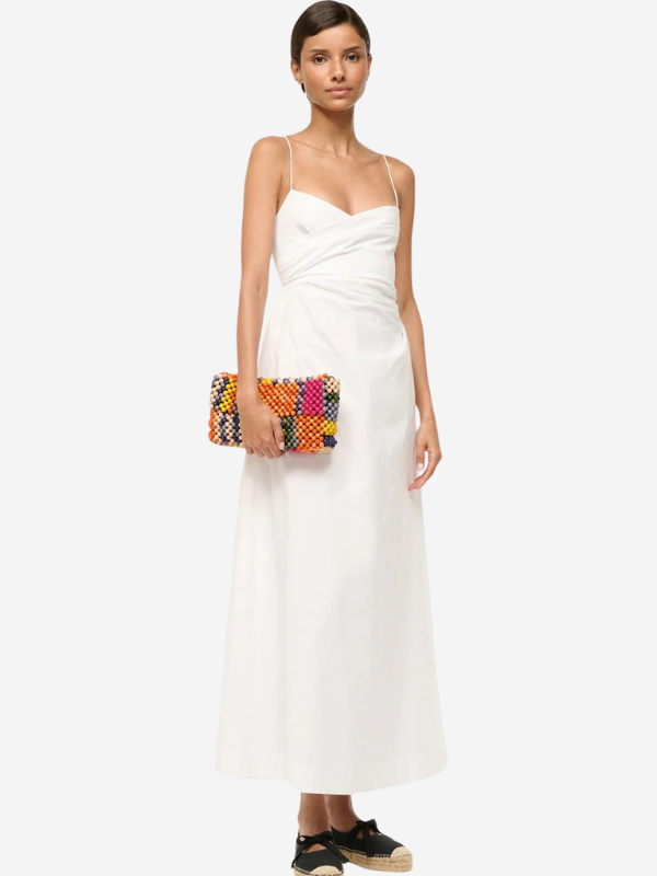 Close-up of the Staud Timmy Shoulder Bag in Multi Bayadere Stripe highlighting the interior zip pocket.