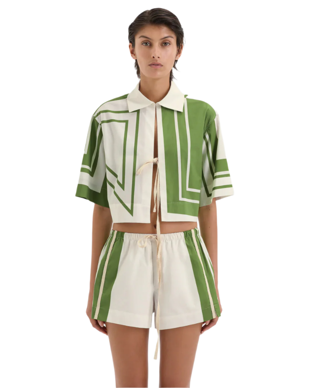 Carlo Drawstring short in Milano Verde displayed on a flat surface to showcase its vibrant color and texture details.