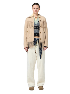 Close-up view of the fabric texture of the Western Fringe Jacket in Dune, made from a cozy wool-cashmere blend.