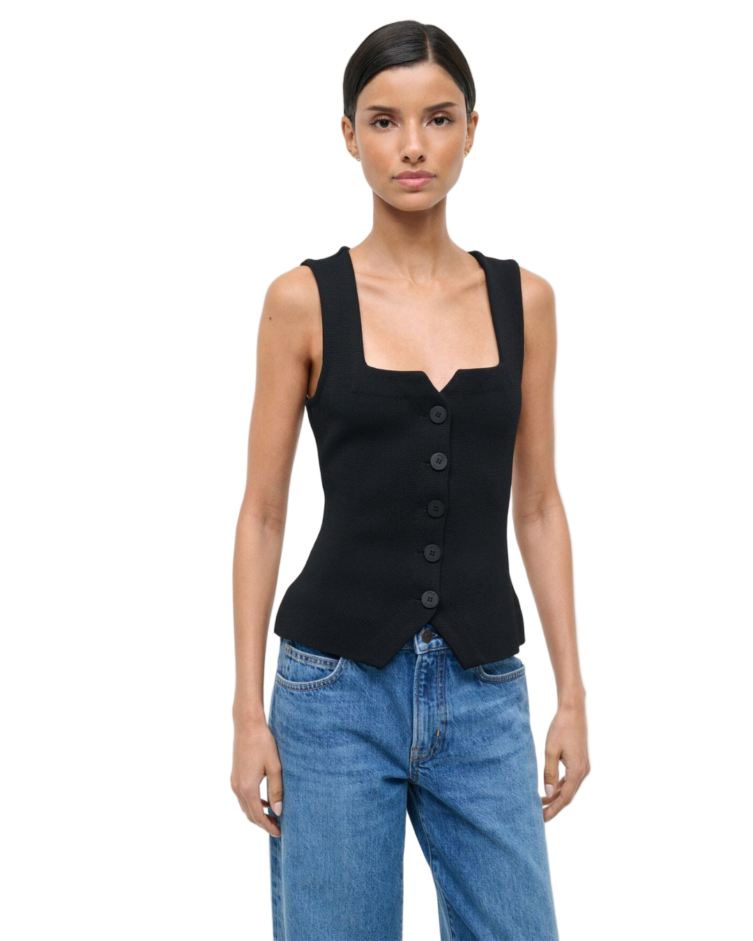 Close-up of the Marisa Top in Black, highlighting the unique front button detail and cutaway design.