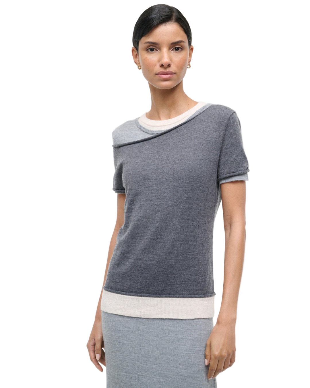 Full view of the Staud Lyric Dress in Heather Grey Multi on a hanger, displaying its unique style and design.