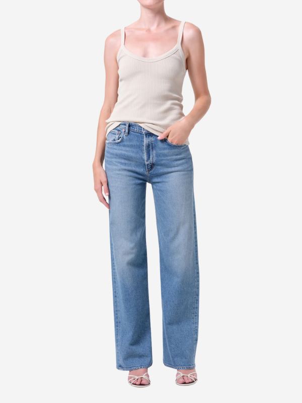 Close-up of Ren 32" Jean in Measure highlighting the zipper fly and soft regenerative cotton denim texture.