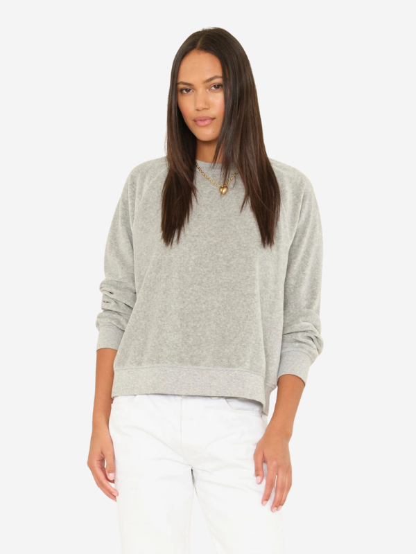 Close-up of Xirena Pierre Sweatshirt in Heather Grey, highlighting the soft fabric and stylish raglan sleeves.