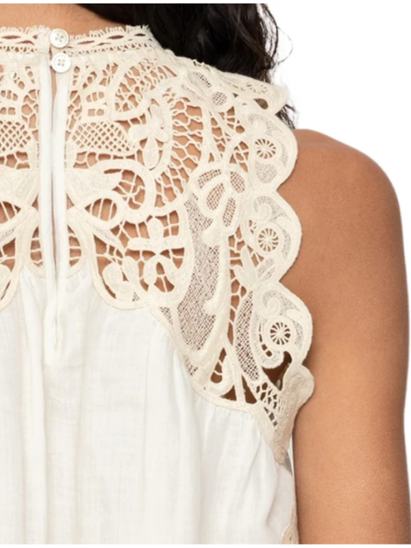 Close-up of Medina Tank in Cream highlighting the detailed lace overlay and ramie fabric.