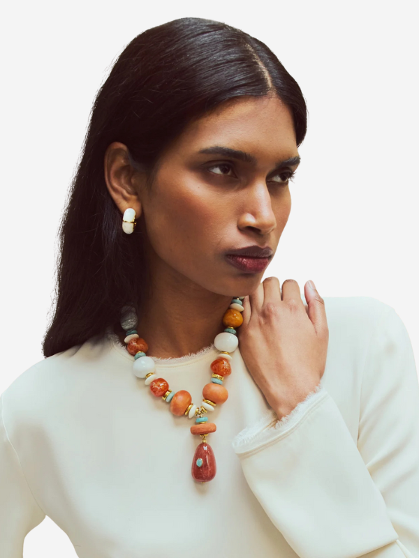 Close-up of Zellige Hoops in Mother-of-Pearl, featuring intricate gold-plated brass and a beautiful mother-of-pearl finish from Lizzie Fortunato.