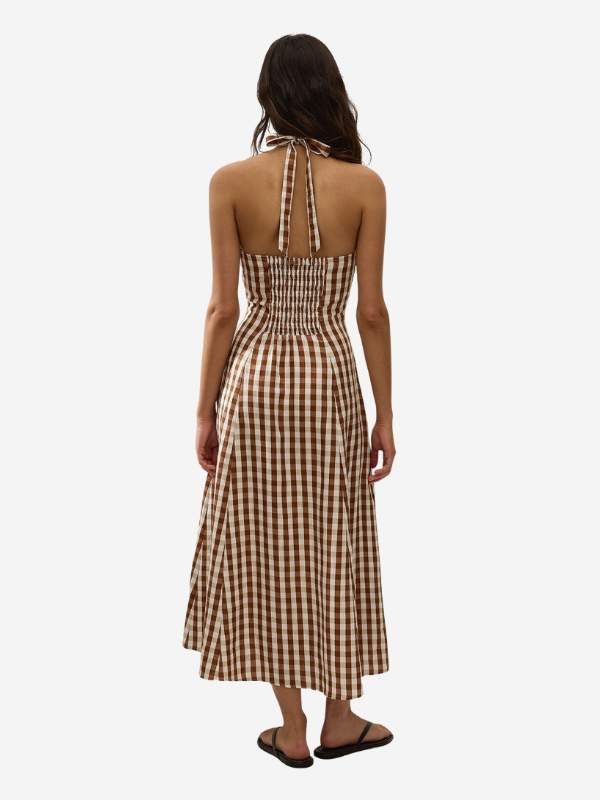 Marais Midi Dress in Gingham Cedar styled with heels, perfect for a casual day to night look.