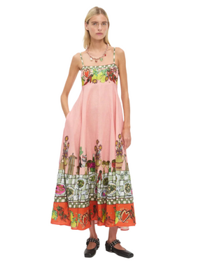 Close-up of the Contessa Sundress in Multi showcasing the beautiful fabric, a must-have women's sundress by Alemais.