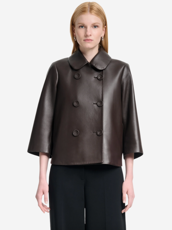 Close-up of the fabric texture of the Hayden Jacket in Tobacco, emphasizing the luxurious 100% lamb skin composition.