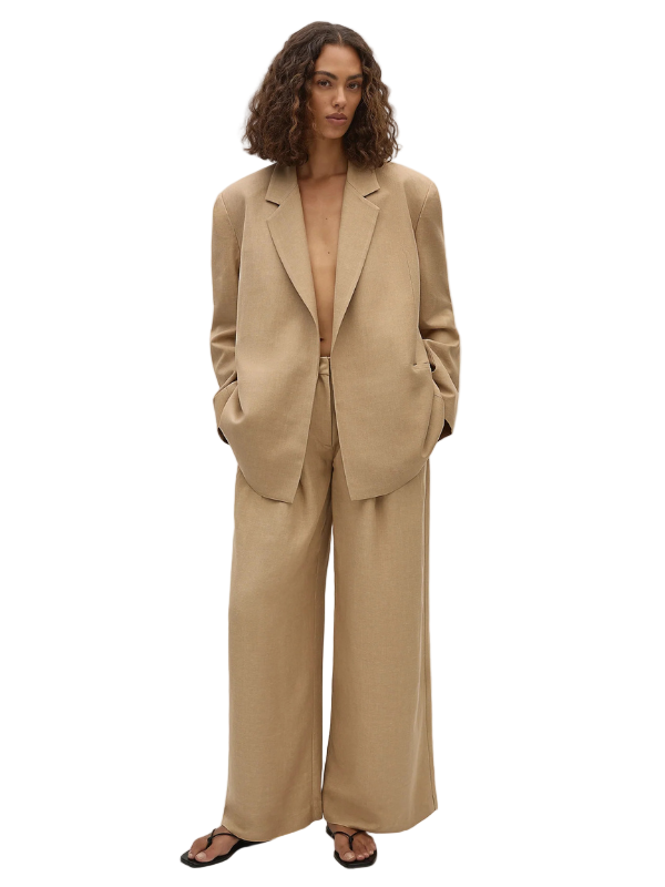 Close-up of the Astrid Trouser in Sahara fabric, highlighting the soft blend of rayon, viscose, and linen.