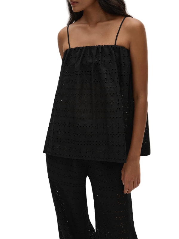 Back view of the Navia Top Agnes Broderie Anglaise in Black by FaithFull, showing the fit and style of the flowing overlay piece.