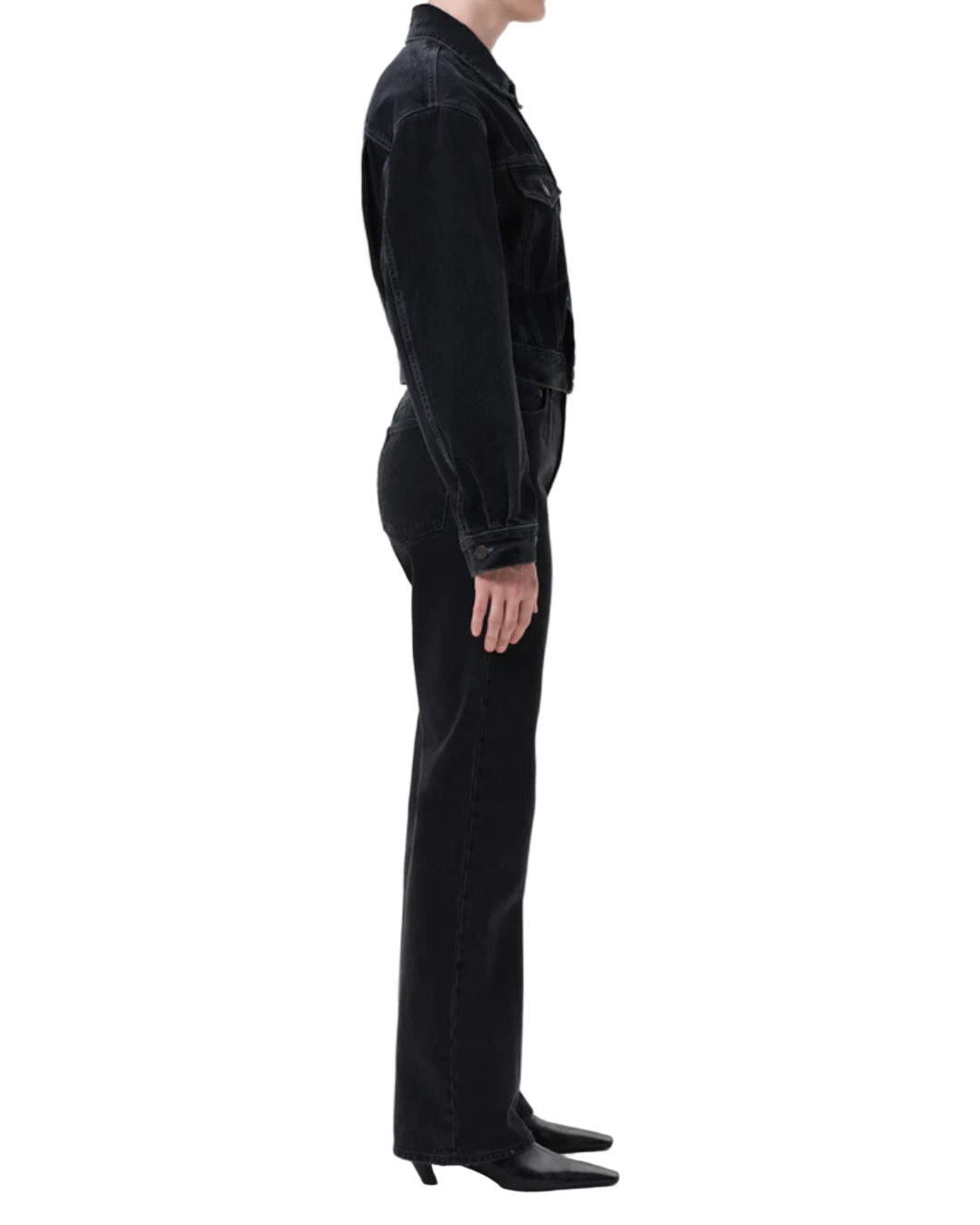 Leena Jean in Forecast - model wearing flattering high-rise flare denim with elongated leg.