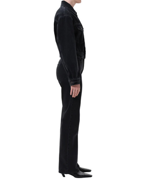 Leena Jean in Forecast - model wearing flattering high-rise flare denim with elongated leg.