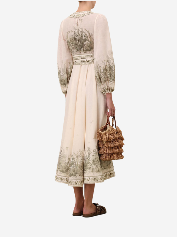 Close-up of the fabric texture of the Wanderlust Wrap Midi Dress in Khaki Toile made from 100% cotton.