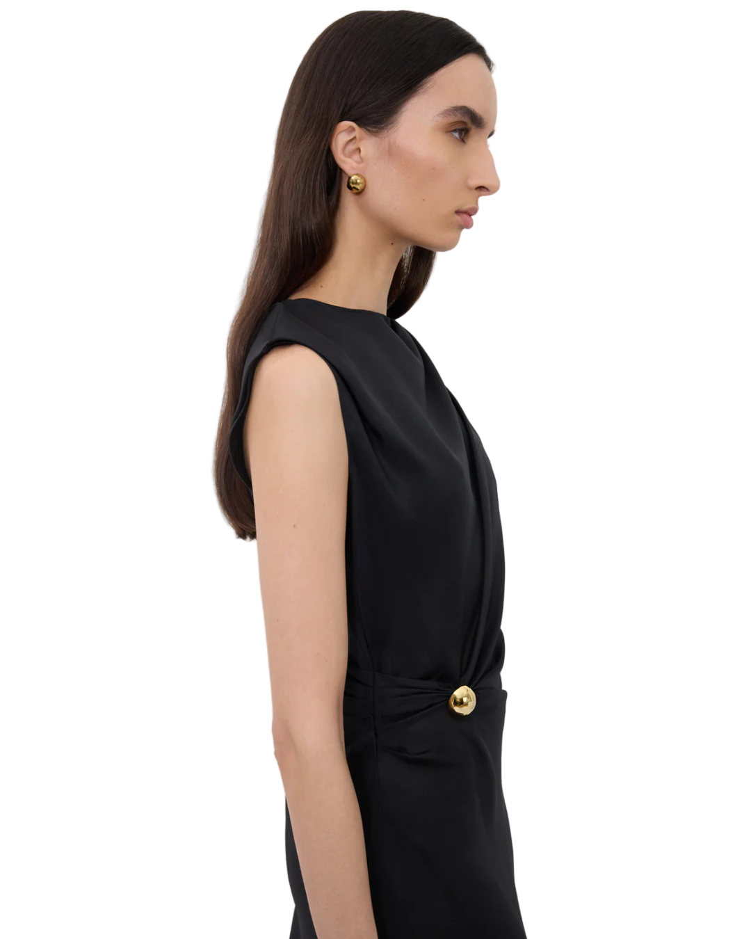 Back view of the Roan Draped Dress in Black revealing the exquisite craftsmanship and design features.