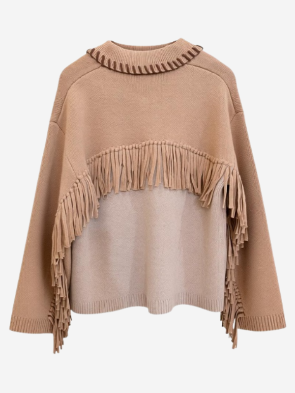 Close-up of the Chesney Oversized Cardigan in Camel Multi showing soft wool and cashmere blend with stylish fringe details.