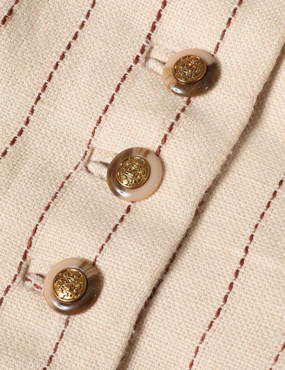 Fashion flat lay of the Rebellion Pinstripe Waistcoat in Cream Stripe with accessories, highlighting its versatility and style.