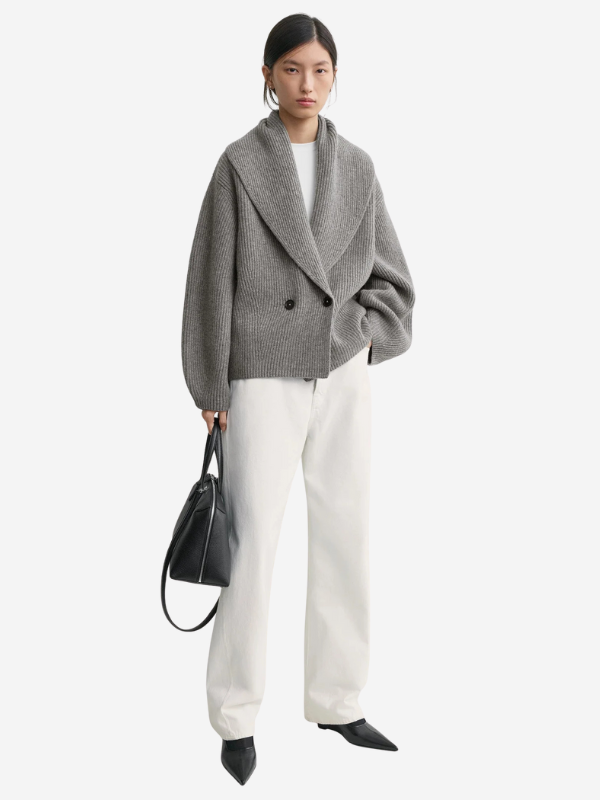 Close-up of the Shawl-Lapel Cardigan in Mid Grey Melange featuring heavyweight ribbed wool fabric.