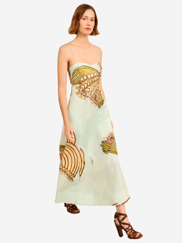 Close-up of the Vesela Cami Midi Dress in Water Blossoms, featuring intricate floral design inspired by Anna Zemánková.