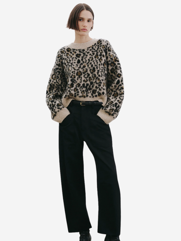 Close-up of the jacquard leopard stitch on the Nili Lotan Zamira Sweater in Jute Leopard, showcasing its luxurious texture.