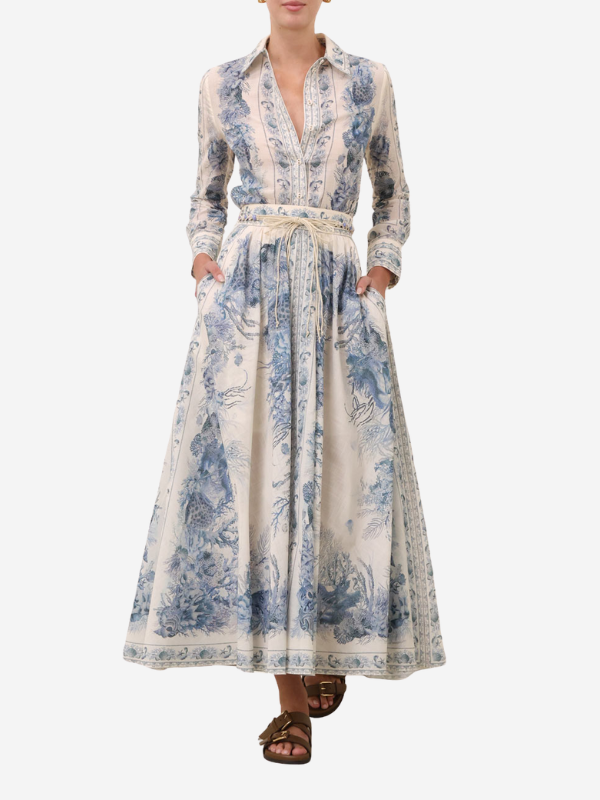 Stylish Wanderlust A-Line Maxi Skirt in Blue Toile designed by Zimmermann, made from 100% cotton for comfort and elegance.