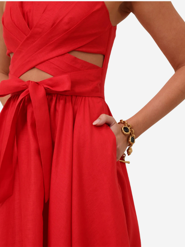 Flat lay of the Patience Midi Dress in Dark Red with linen fabric and self-tie waist belt.