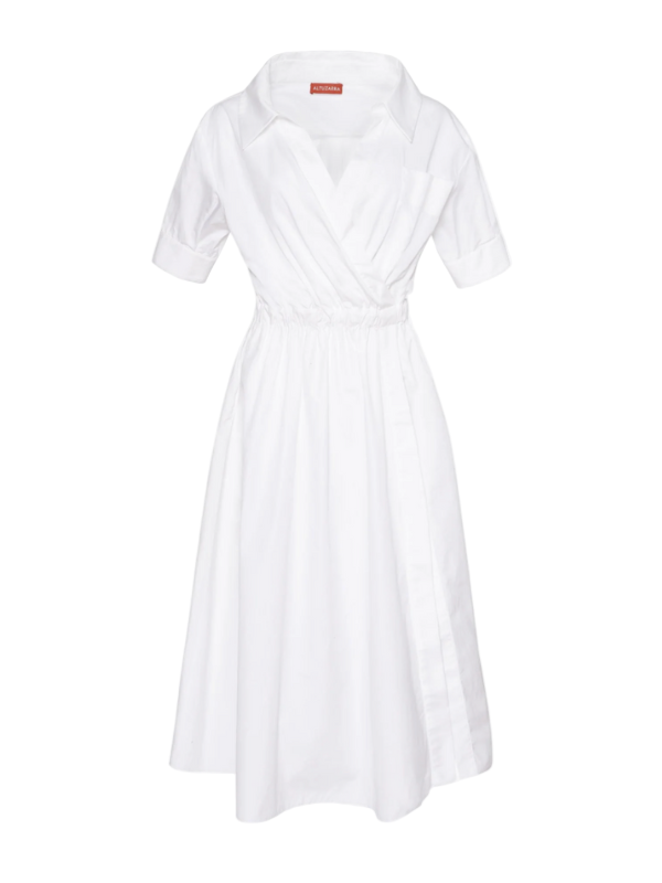 Lydia Dress in Optic White by Altuzarra, showcasing a relaxed midi silhouette and open collared neckline in airy cotton poplin.