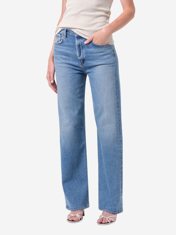 Flat lay of Ren 32" Jean in Measure displaying its composition details and 32-inch inseam length.