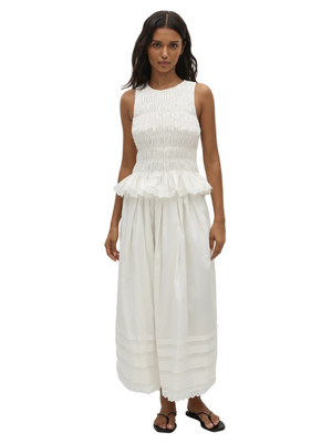 Ruth Skirt in White by FaithFull - close-up of the delicate tuck detailing and vintage lace trim at the hem.