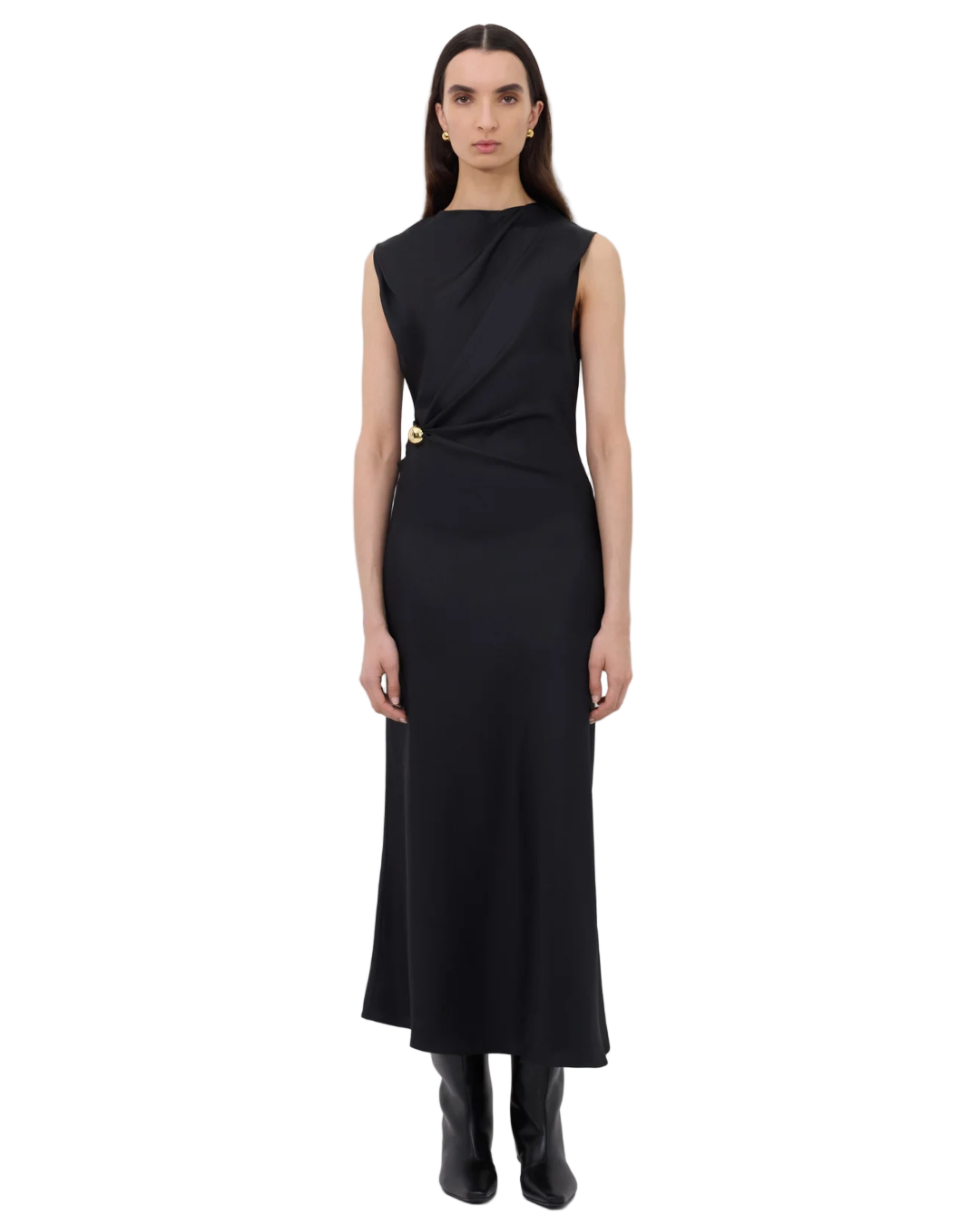 Close-up of the Roan Draped Dress in Black highlighting the luxurious silk fabric and elegant boat neck.