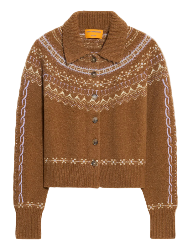 Cloud Chalet Cardigan in Almco by Guest in Residence, showcasing its cozy fair isle pattern and relaxed fit.