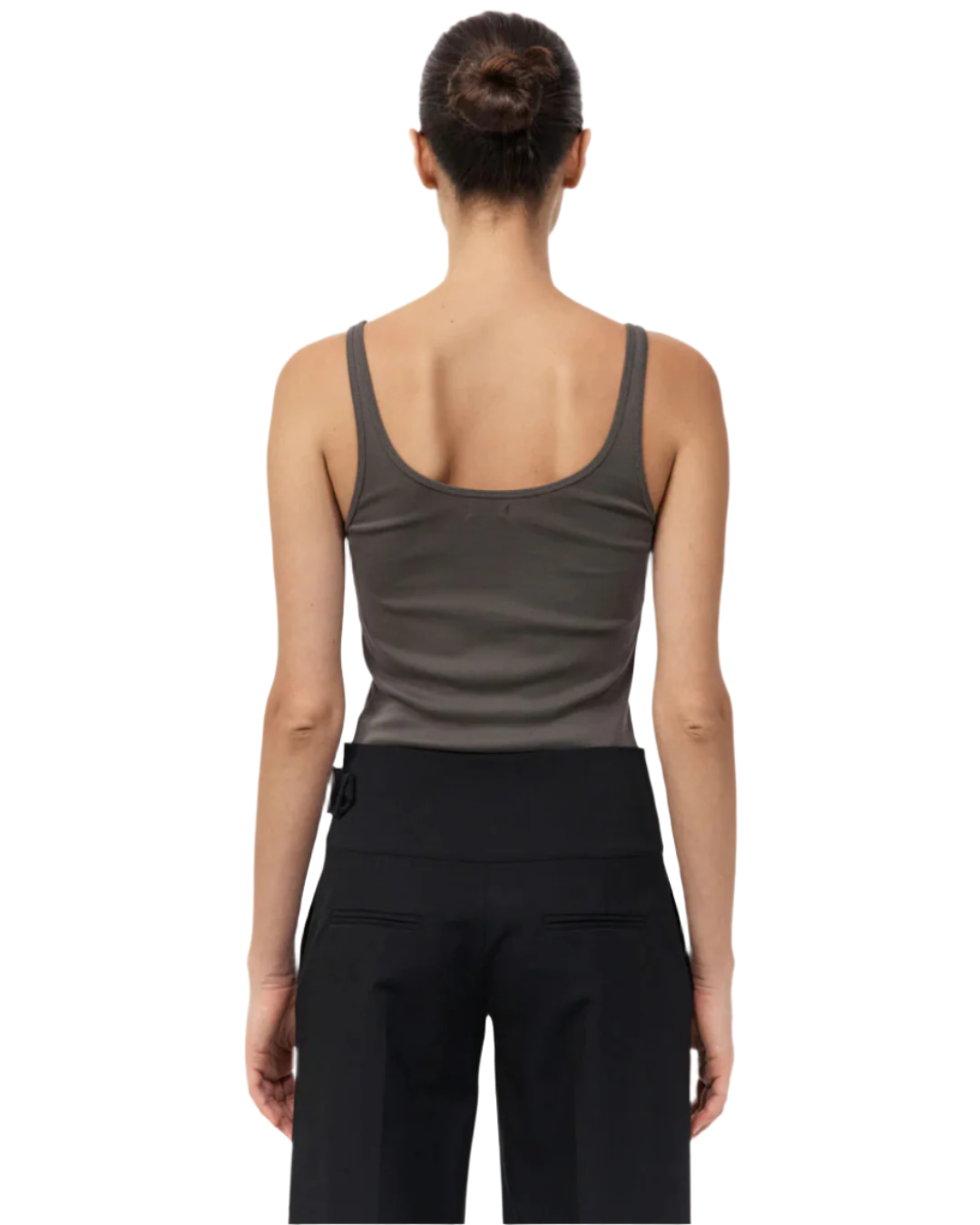 Model wearing the St. Agni Organic Cotton Slim Scoop Tank in Khaki, demonstrating the flattering fit of this versatile slim scoop tank.