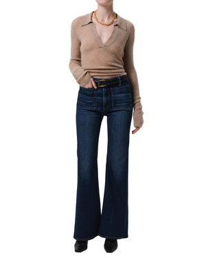 Side view of the Kimberly Patch Pocket Flare in Mirka, emphasizing the flattering leg elongation and soft, broken-in denim texture.