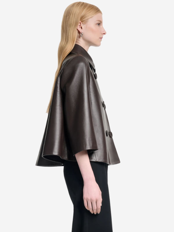 Back view of the Hayden Jacket in Tobacco by Altuzarra, featuring a unique cape design and sophisticated cut.