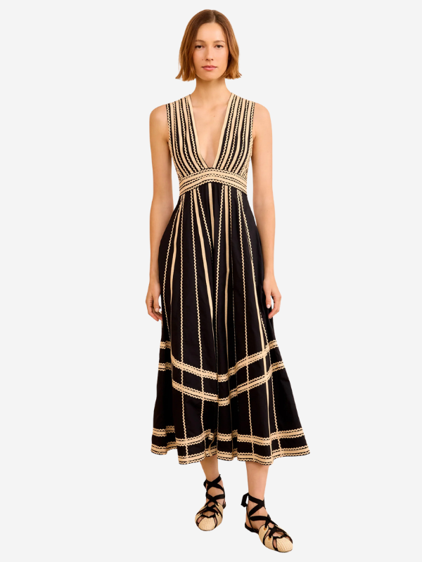 Close-up view of the Palermo Dress in Noir illustrating the ric-rac and grosgrain ribbon details on Ulla Johnson's dress.