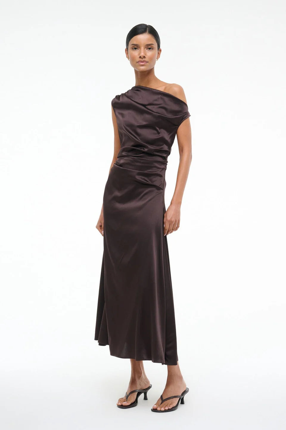 Staud Phare Dress in Earth styled for a special occasion with ankle-grazing length and elegant design.