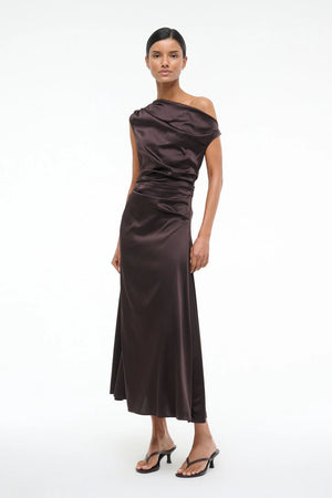 Staud Phare Dress in Earth styled for a special occasion with ankle-grazing length and elegant design.