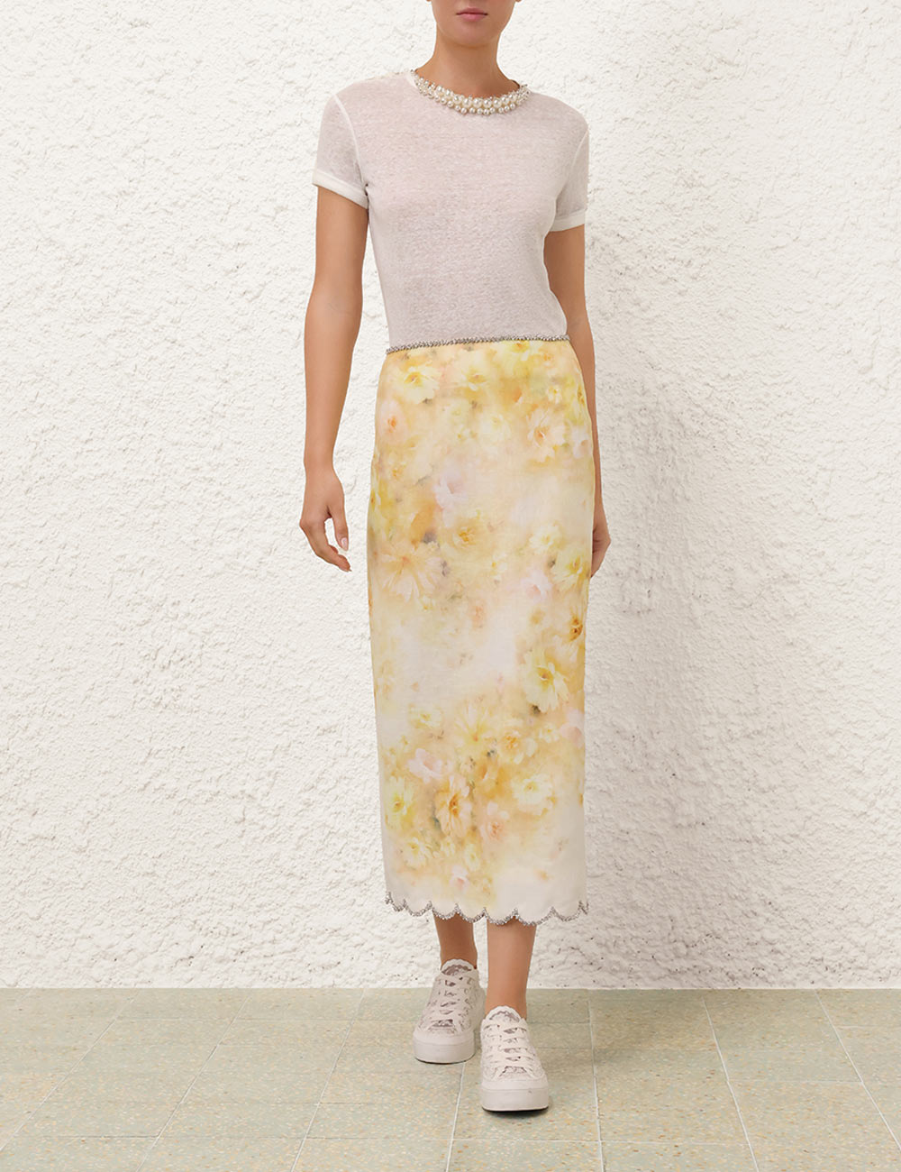 Crush Scalloped Midi Skirt in Yellow Floral