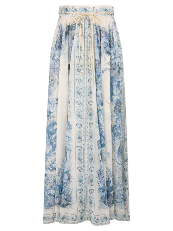 Wanderlust A-Line Maxi Skirt in Blue Toile showcasing intricate pleats and a fitted waistband, perfect for a resort look.