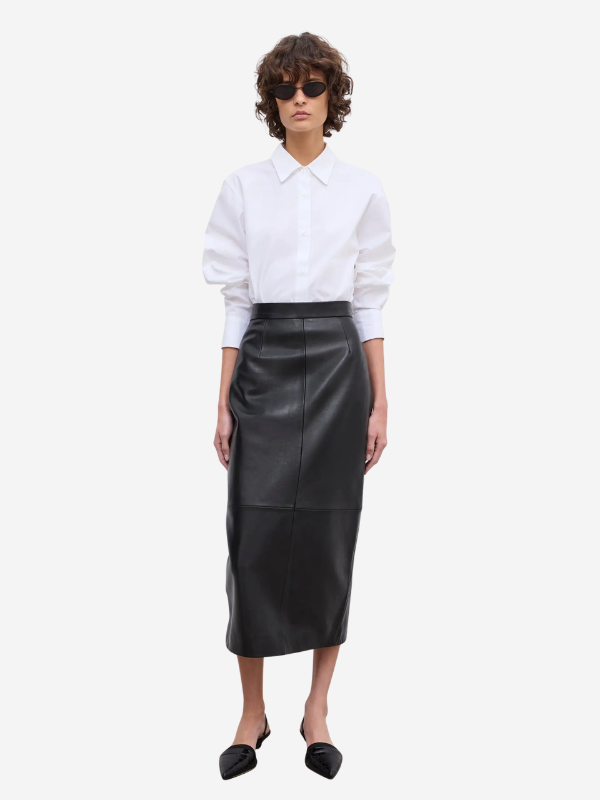 Elegant black Leather Midi Skirt by House of Dagmar with structured design and curved side seams.