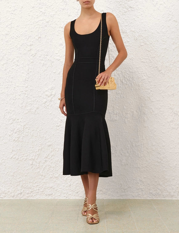 Detail shot of the fabric of the Hypnotic Sculptural Midi Dress in Black from Zimmermann.