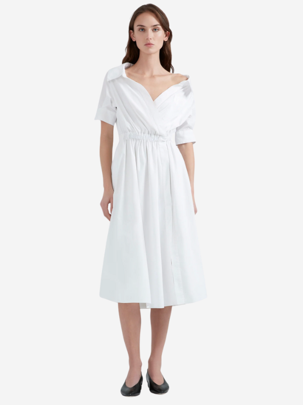 Close-up of Lydia Dress in Optic White, featuring elasticized waist and on-seam pockets for a functional and stylish look.