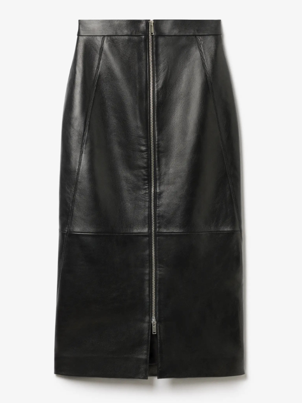 Street style in focus: House of Dagmar Leather Midi Skirt in Black paired with stylish tops.