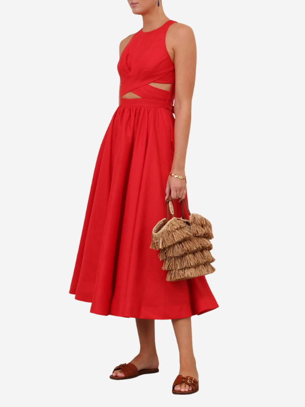 Patience Midi Dress in Dark Red styled with accessories, emphasizing the elegant design.